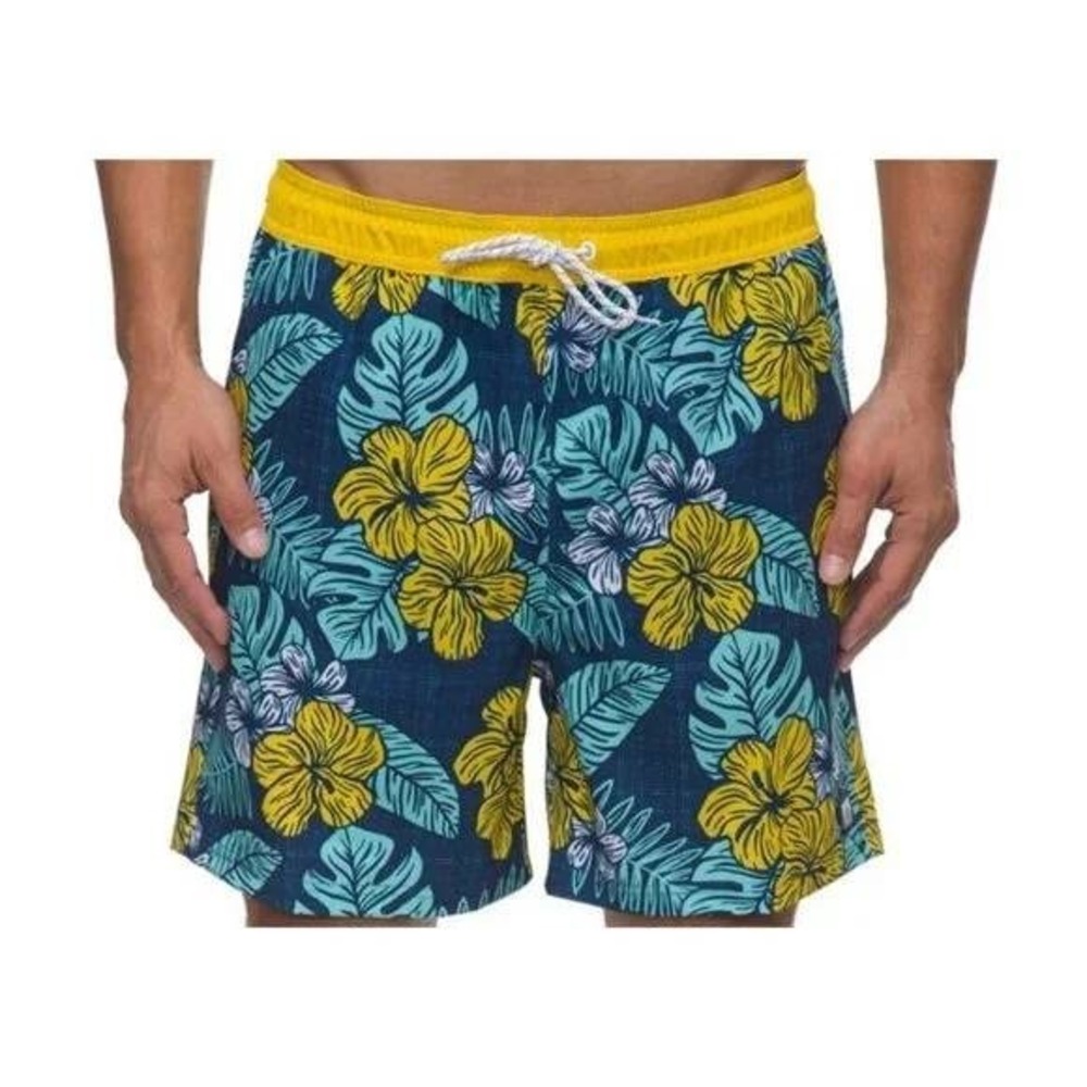 Reef Mens XL Tropical Floral Board Shorts Blue Yellow Elastic Waist‎ Swim Trunks